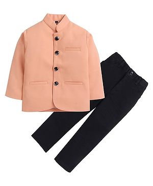 Lil' Homies Jacquard Full Sleeves Solid Blazer With Pant - Peach