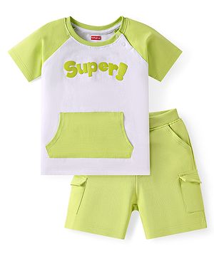 Babyhug Single Jersey Knit Raglan Sleeves T-Shirt & Shorts with Kangaroo Pockets - Light Green