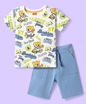 Babyhug Single Jersey Knit Half Sleeves T-Shirt & Shorts Set With Tiger Print - White & Blue