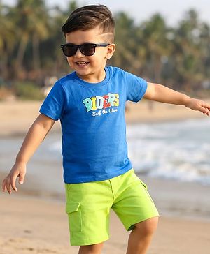 Babyhug Single Jersey Knit Half Sleeves T-Shirt & Shorts Set with Text Print - Blue & Limegreen