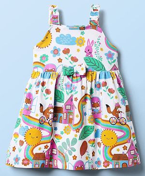 Babyhug Single Jersey Knit Sleeveless Frock With Animal & Floral Print & Bow Applique - White