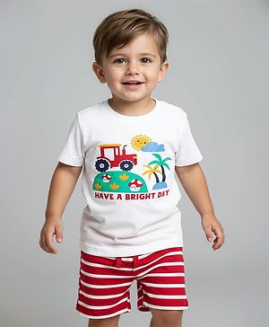 Babyhug Single Jersey Knit Half Sleeves Printed T-Shirt & Striped Shorts Set - White & Red