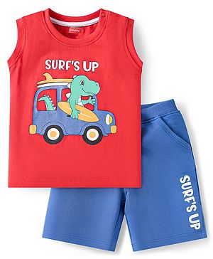 Babyhug Single Jersey Knit Sleeveless T-Shirt & Shorts Set with Beach Theme Print - Red & Blue