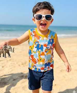 Babyhug Single Jersey Knit Sleeveless Tank T-Shirt & Shorts Set with Animal Print - Navy Blue & White
