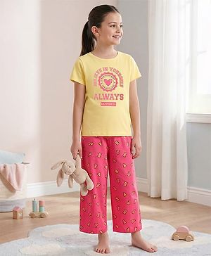 Pine Kids Cotton Knit Half Sleeves Capri Night Suit with Text Print - Yellow & Pink