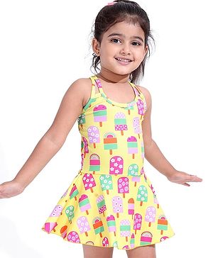 Babyhug Water Repellant Sleeveless Frock Swimsuit With Popsicle Print - Yellow