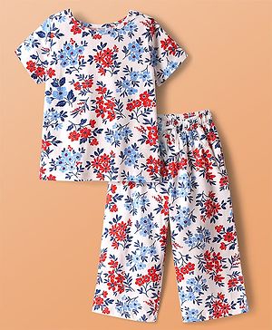 Pine Kids Cotton Knit Half Sleeves Co-ords Capri Night Suit with Floral Print - White