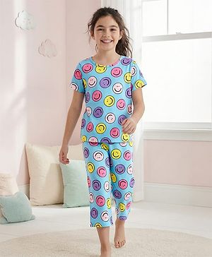 Pine Kids Cotton Knit Half Sleeves Capri Night Suit With  Smiley Print - Light Blue