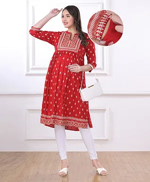 Bella Mama Woven Three Fourth Sleeves
                              Maternity Kurta With Floral Print - Red