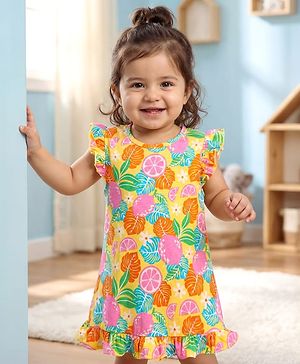 Babyhug Cotton Knit Sleevesless Nighty With Frill Detailing & Tropical Print - Yellow