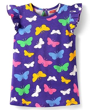 Babyhug Cotton Knit Frill Sleeves A Line Nighty with Butterfly Print - Purple