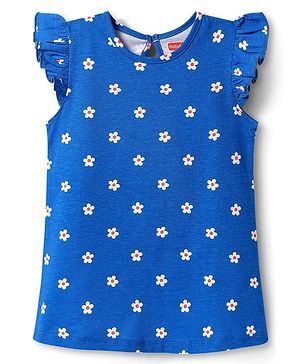 Babyhug Cotton Knit Frill Sleeves A Line Nighty with Floral Print - Blue