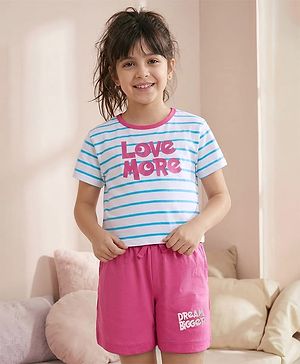 Pine Kids Single Jersey Knit Half Sleeves Striped Shorts Night Suit with Text Print - White & Dark Pink