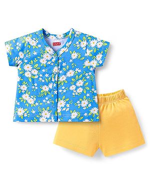 Babyhug Interlock Knit Half Sleeves Top & Shorts with Floral Print - Blue & Yellow