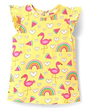 Babyhug Cotton Knit Flutter Sleeves A Line Nighty with Swan & Heart Print - Yellow