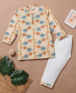 Desi Soota Cotton Full Sleeves Baby Animals Printed Kurta Pyjama Set - Yellow