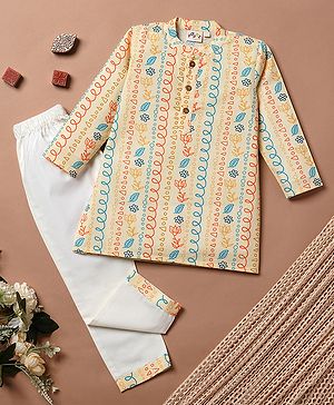Desi Soota Cotton Full Sleeves Floral Printed Kurta Pyjama Set - Yellow