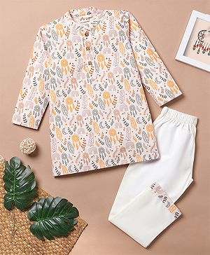 Desi Soota Cotton Full Sleeves Leaves Printed Kurta Pyjama Set - Pink