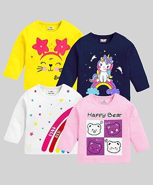 KUCHIPOO Cotton Blend Pack Of 4 Full Sleeves Bears & Unicorn Printed Tees - Pink White Navy Blue & Yellow