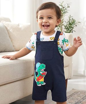 Babyhug Single Jersey Knit Dungaree & Half Sleeves T-Shirt With Beach Theme & Dino Print - Navy Blue