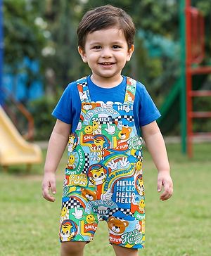 Babyhug 100% Cotton Single Jersey Knit Half Sleeves T-Shirt & Dungree With Animal & Text Print - Blue