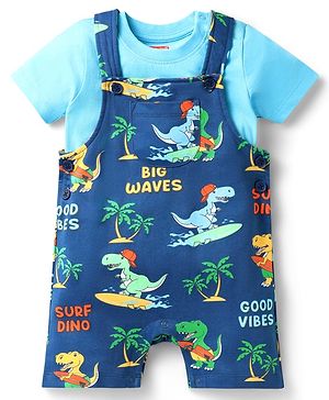 Babyhug Single Jersey Knit Dino Printed Dungaree Half Sleeves Inner Tee - Blue