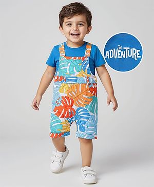 Babyhug Single Jersey Knit Dungaree & Half Sleeves T-Shirt With Leaves Print - Light Blue