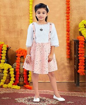 Aarika Woolen Woven Three Fourth Sleeves Teddy Bear Patch Detailed Foil Stars Printed Dress - Pink