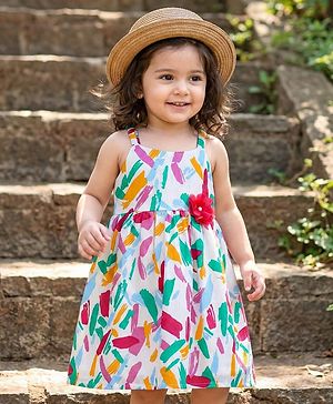 Babyhug Rayon Woven Sleeveless Printed Frock with Floral Applique - White