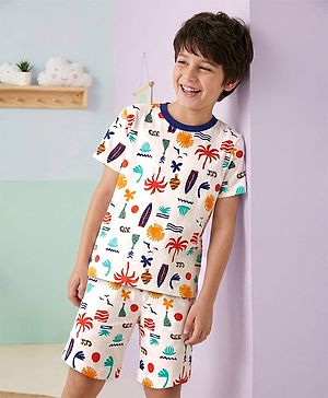 Pine Kids Single Jersey Knit Half Sleeves Co-ords Shorts Night Suit with Beach Theme Print - White