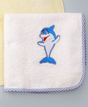 Babyhug Terry Cotton Woven Towel with Dophin Embroidery L 101 x B 50 cm - White