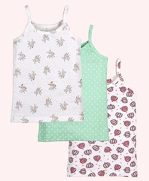 Kiddopanti Cotton Pack Of 3 Sleeveless Floral & Polka Dots Printed Camisoles - White & Green