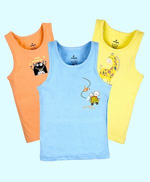 Kiddopanti Cotton Pack Of 3 Sleeveless Animals & Baby Monster Printed Vests - Light Orange Yellow & Blue