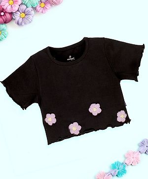 Kiddopanti Cotton Crochet Half Sleeves Flower Embroidered Crop Tee - Black