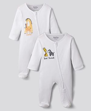 Bonfino 100% Cotton Knit Full Sleeves Sleepsuit With Animal Print Pack Of 2 - White
