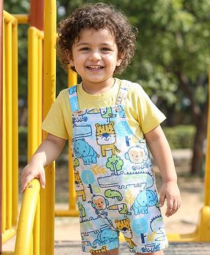 Babyhug Single Jersey Knit Half Sleeves T-Shirt & Dungaree With Animal Print - Light Blue & Yellow