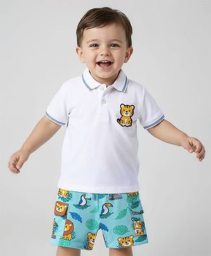 Babyhug Single Jersey Knit Half Sleeves Polo T-Shirt & Shorts Set with Jungle Theme Print & Patch Detailing - Light Blue & White