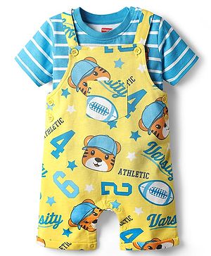 Babyhug Single Jersey Knit Dungaree & Half Sleeves T-Shirt With Animal Print - Yellow & Blue