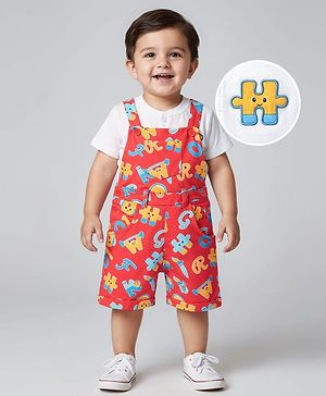 Babyhug Single Jersey Knit Half Sleeves T-Shirt & Dungaree With Alphabet Print - White & Red