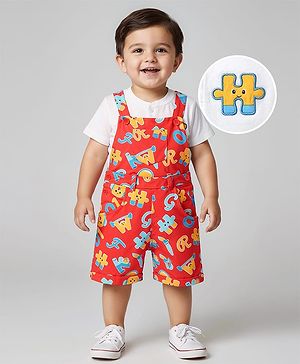 Babyhug Single Jersey Knit Half Sleeves T-Shirt & Dungaree With Alphabet Print - White & Red