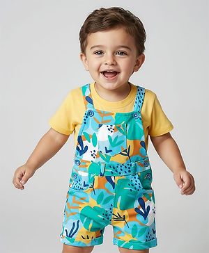 Babyhug Single Jersey Knit Dungaree & Half Sleeves T-Shirt With Leaf Print - Light Blue & Yellow