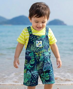 Babyhug Single Jersey Knit Half Sleeves T-Shirt & Dungaree With Tropical Print - Limegreen & Teal Blue