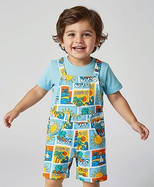 Babyhug Single Jersey Knit Dungarees & Half Sleeves T-Shirt With Tropical Theme Print - Light Blue