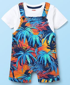 Babyhug Single Jersey Knit Half Sleeves T-Shirt & Dungaree With Tropical Print - White & Navy Blue