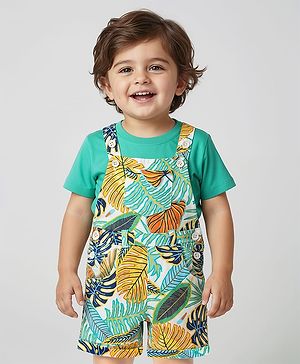 Babyhug Single Jersey Knit Tropical Print Dungarees & Half Sleeves Solid Colour Inner Tee - Sea Green