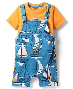Babyhug Single Jersey Knit Nautical Theme Print Dunagaree & Half Sleeves Inner Tee - Blue