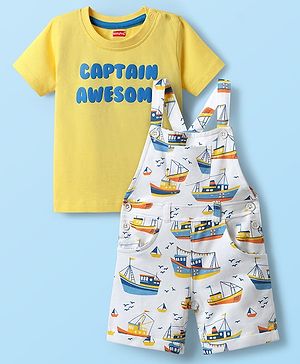 Babyhug Single Jersey Knit Dungaree & Half Sleeves T-Shirt With Boat Print - White & Yellow