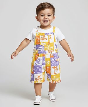 Babyhug Single Jersey Knit Half Sleeves T-Shirt & Dungaree With Beach Theme Print - Yellow & White