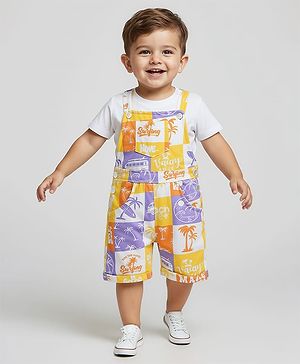 Babyhug Single Jersey Knit Half Sleeves T-Shirt & Dungaree With Beach Theme Print - Yellow & White
