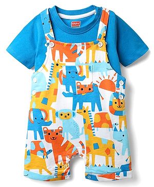 Babyhug Single Jersey Knit Half Sleeves T-Shirt & Dungaree With Animal Print - Yellow & Blue